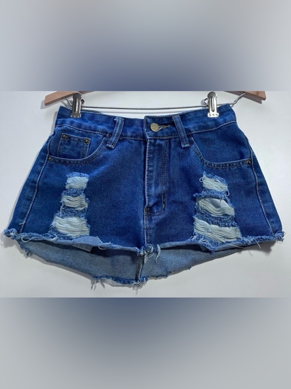 Y2K Mini Denim Skirt Dark Wash Distressed Raw Hem Festival Grunge Size 26